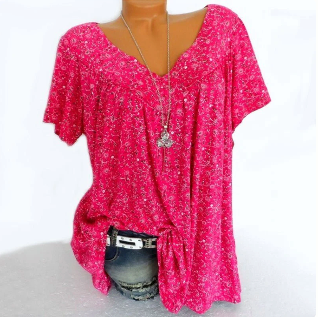T-shirt estiva da donna a maniche corte con scollo a V e stampa, stile casual.