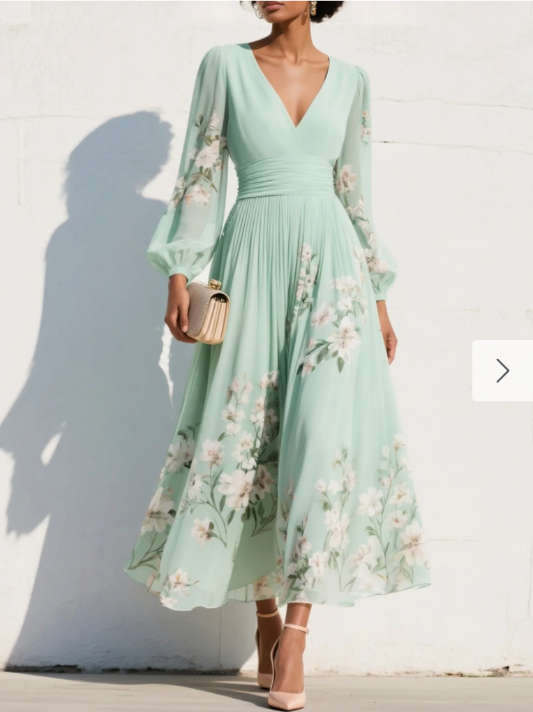 Abito midi verde chiaro in chiffon plissettato con scollo a V e stampa floreale.