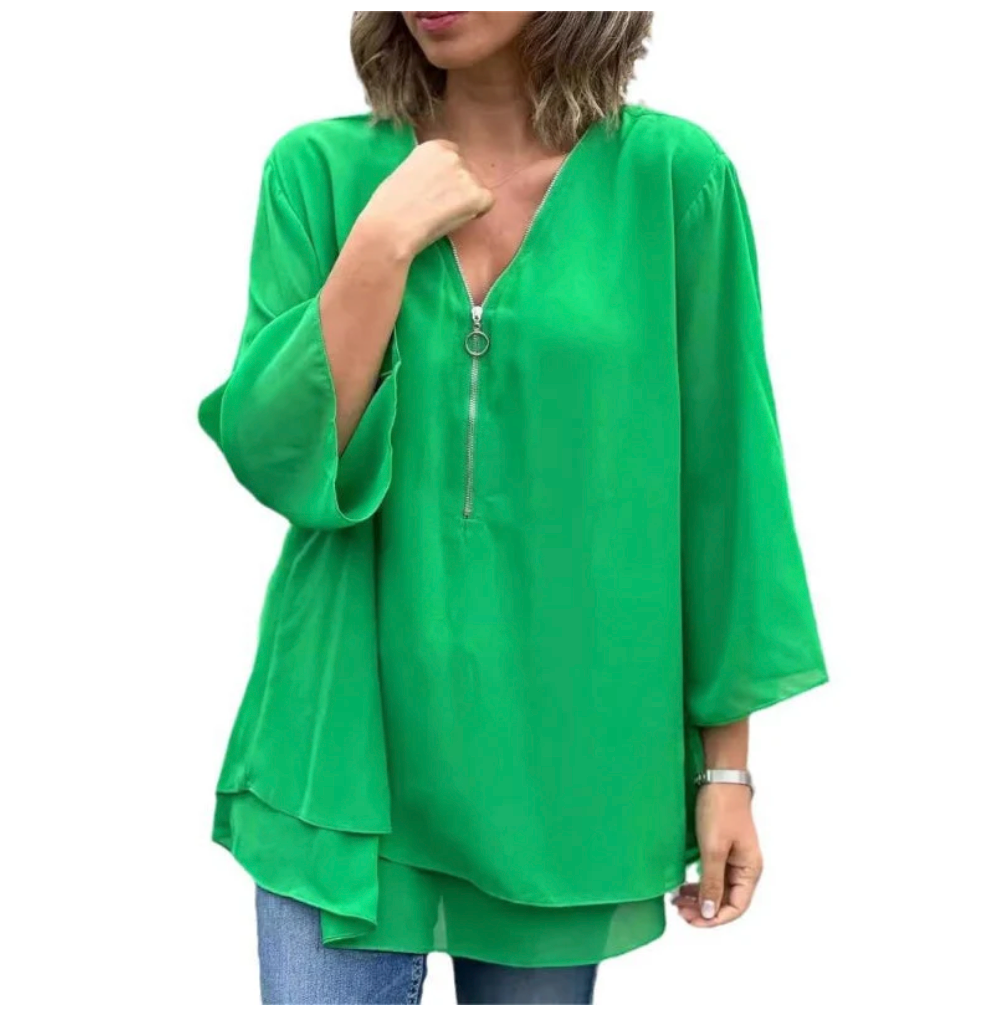 Top morbido a doppio strato con scollo a V e cerniera, maniche a 3/4 – Design elegante, vestibilità comoda e stile versatile 🌸