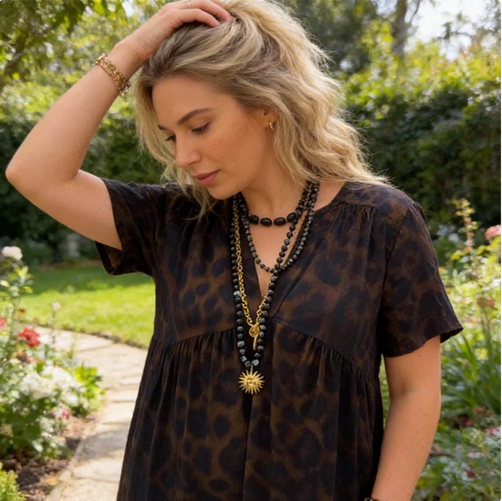 📿 Abito lungo da donna con scollo a V e stampa leopardata