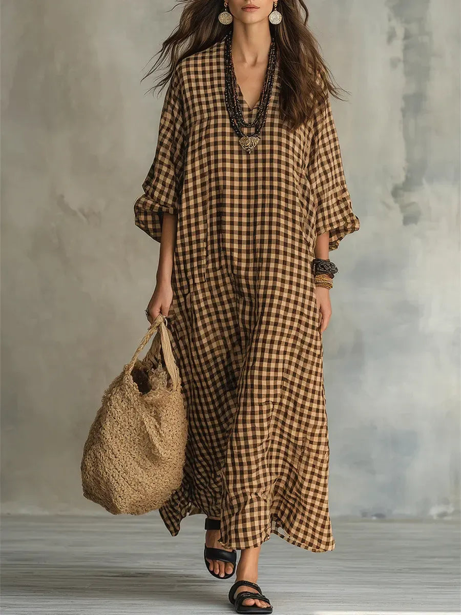 Abito Jessica - lungo casual ed elegante in cotone e lino con motivo a quadri retrò