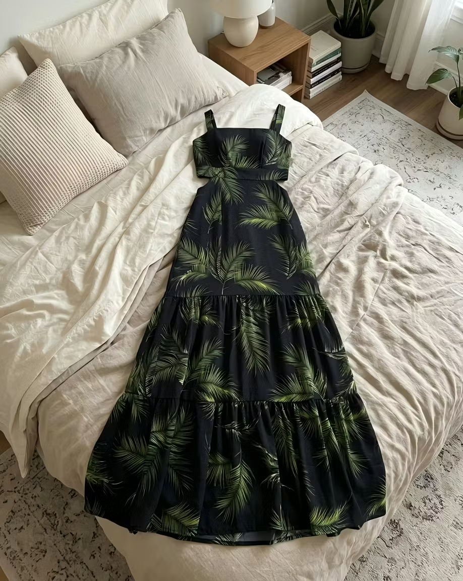 Abito lungo da donna con stampa tropicale, orlo a balze, scollo a V, spacco laterale e spacco, perfetto per le vacanze al mare.