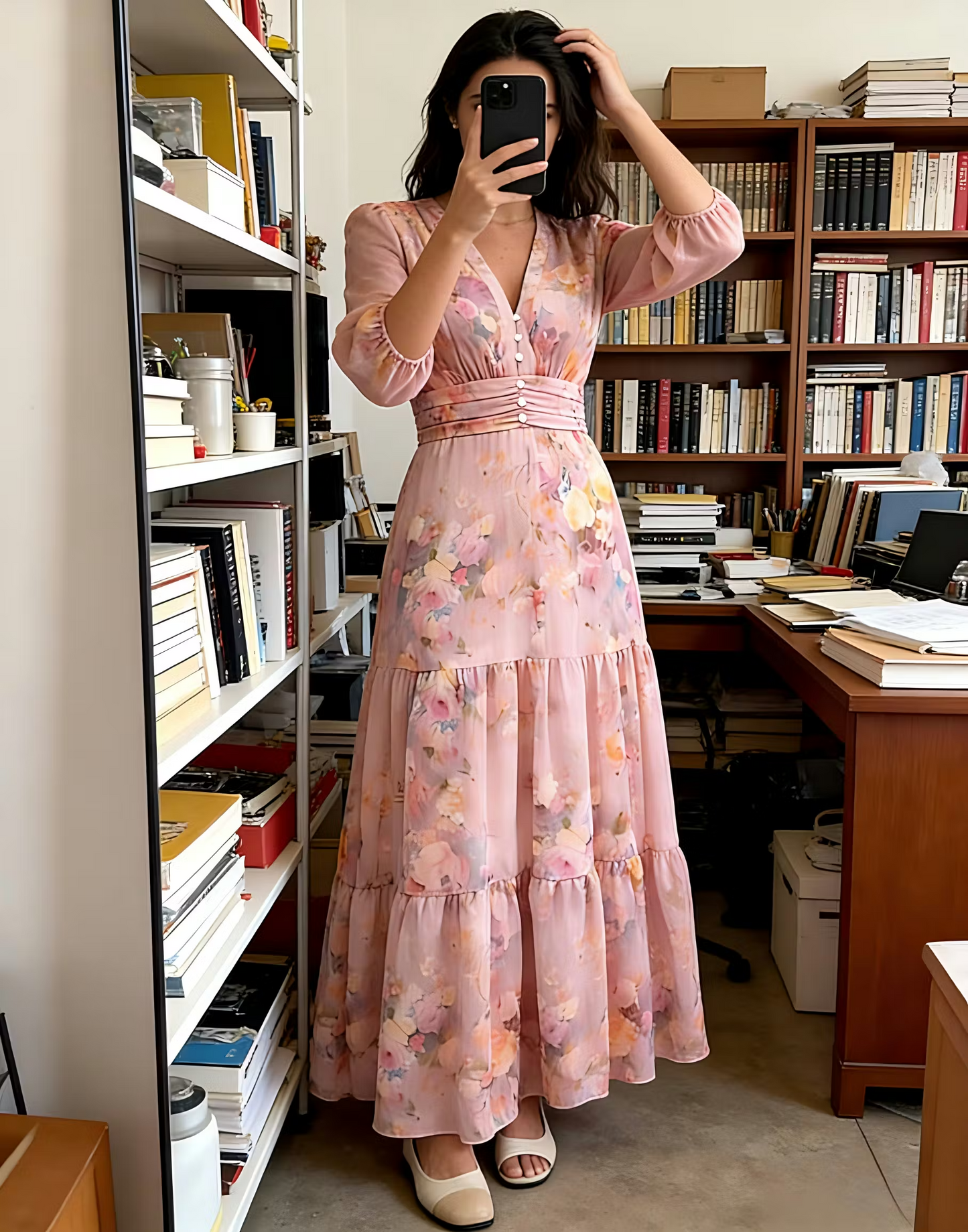 Abito lungo da donna CHICME con stampa floreale ad acquerello, scollo a V, vita alta arricciata, maniche a tre quarti