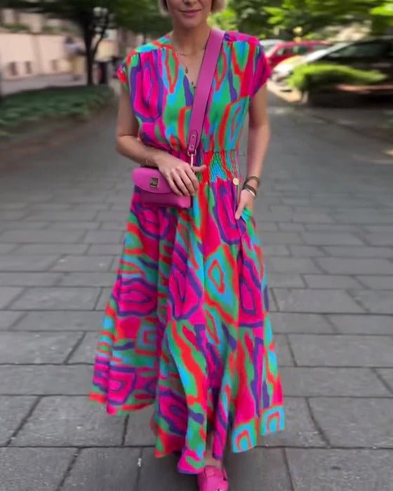 Abito lungo con stampa colorata, scollo a V