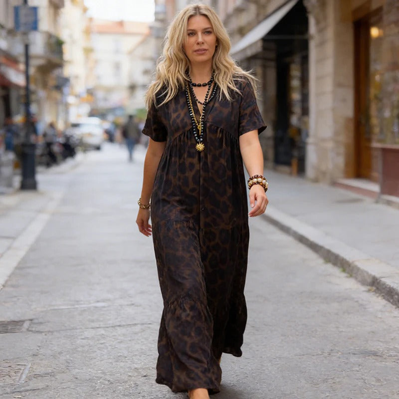 Abito lungo da donna con scollo a V e stampa leopardata