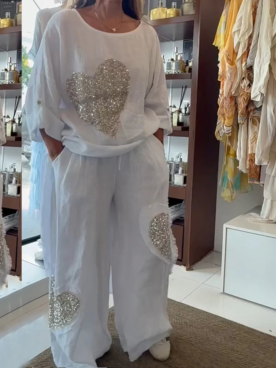 Set Valentina casual a due pezzi in misto cotone e lino con stampa a cuori