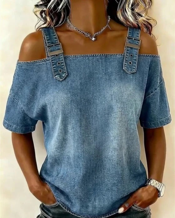 Camicetta in denim con spalle scoperte e spalline