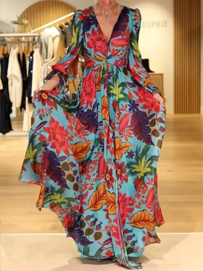 Abito lungo a fiori con elegante scollo a V