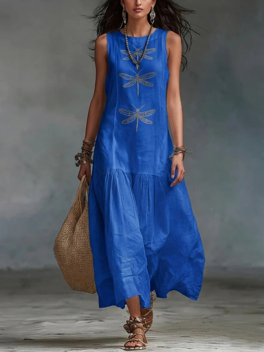 Abito lungo in cotone e lino con stampa libellula in stile boho retrò