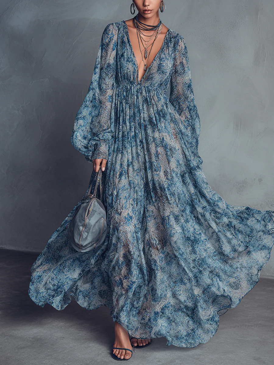 Abito lungo in chiffon con scollo a V e maniche a lanterna, con stampa floreale blu in stile bohémien