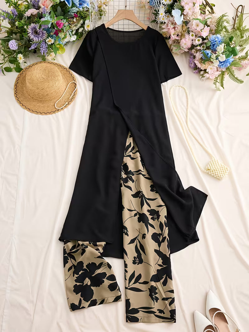 Coordinato Amelie Nero elegante con pantalone fiorato in cotone elastico 🥰