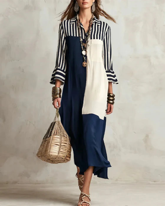 Abito a blocchi di colore con righe a contrasto in stile camicia