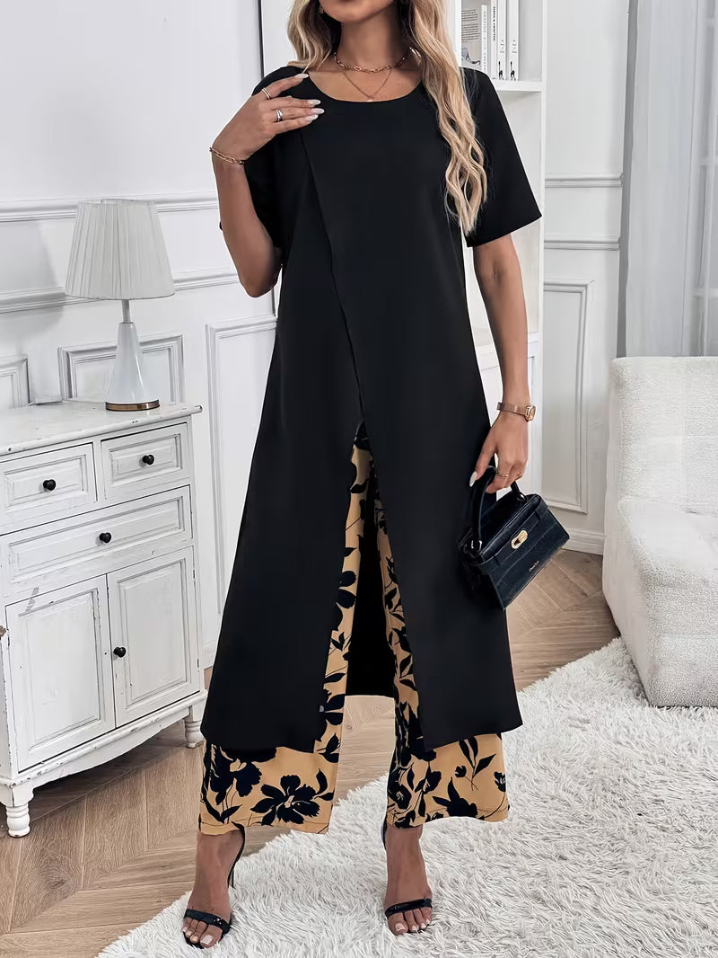 Coordinato Amelie Nero elegante con pantalone fiorato in cotone elastico 🥰