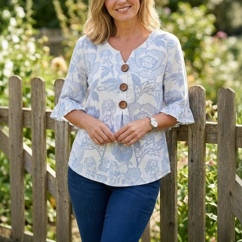Camicia Madeleine stampa floreale e bottoni in ricamo