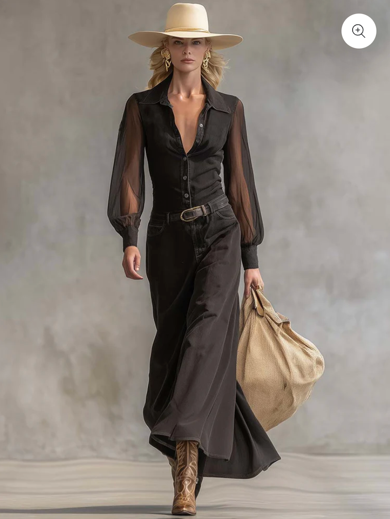 Abito lungo vintage in denim nero con scollo a V, bottoni sul davanti e maniche lunghe trasparenti