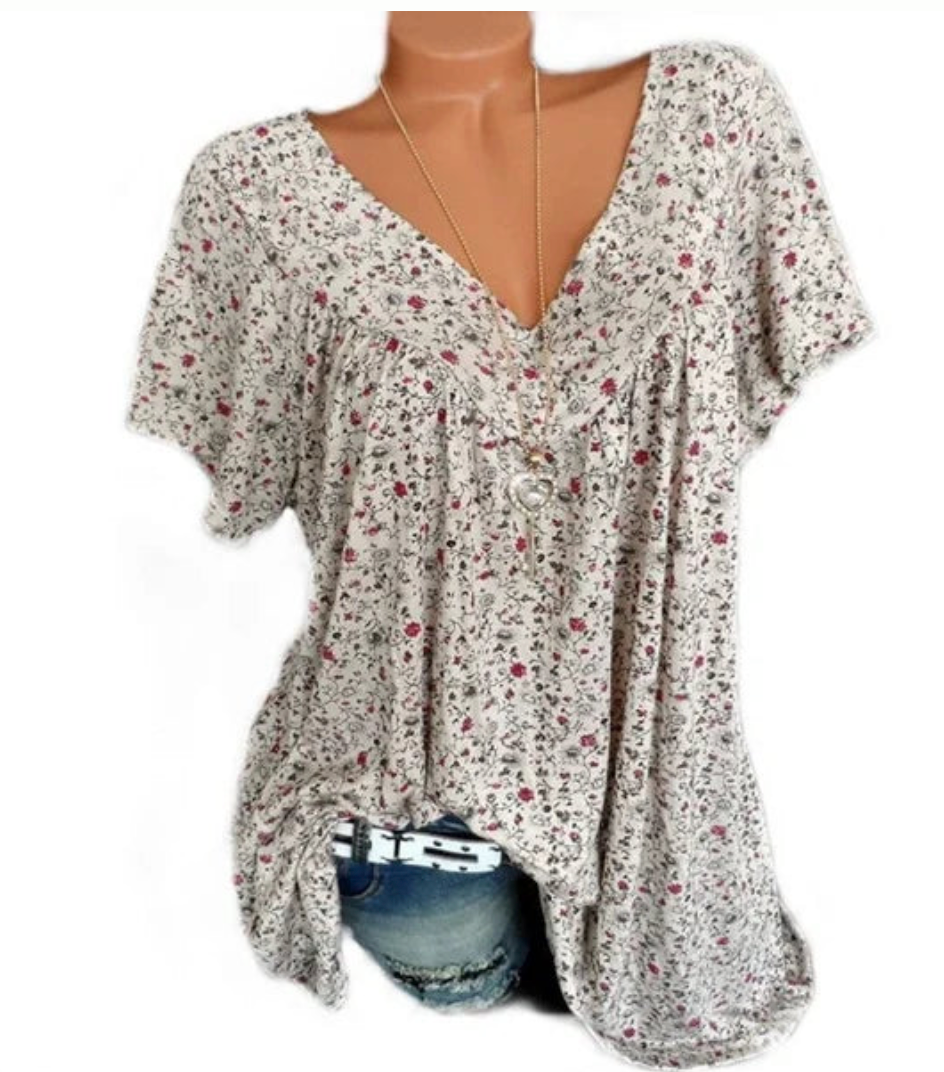 T-shirt estiva da donna a maniche corte con scollo a V e stampa, stile casual.