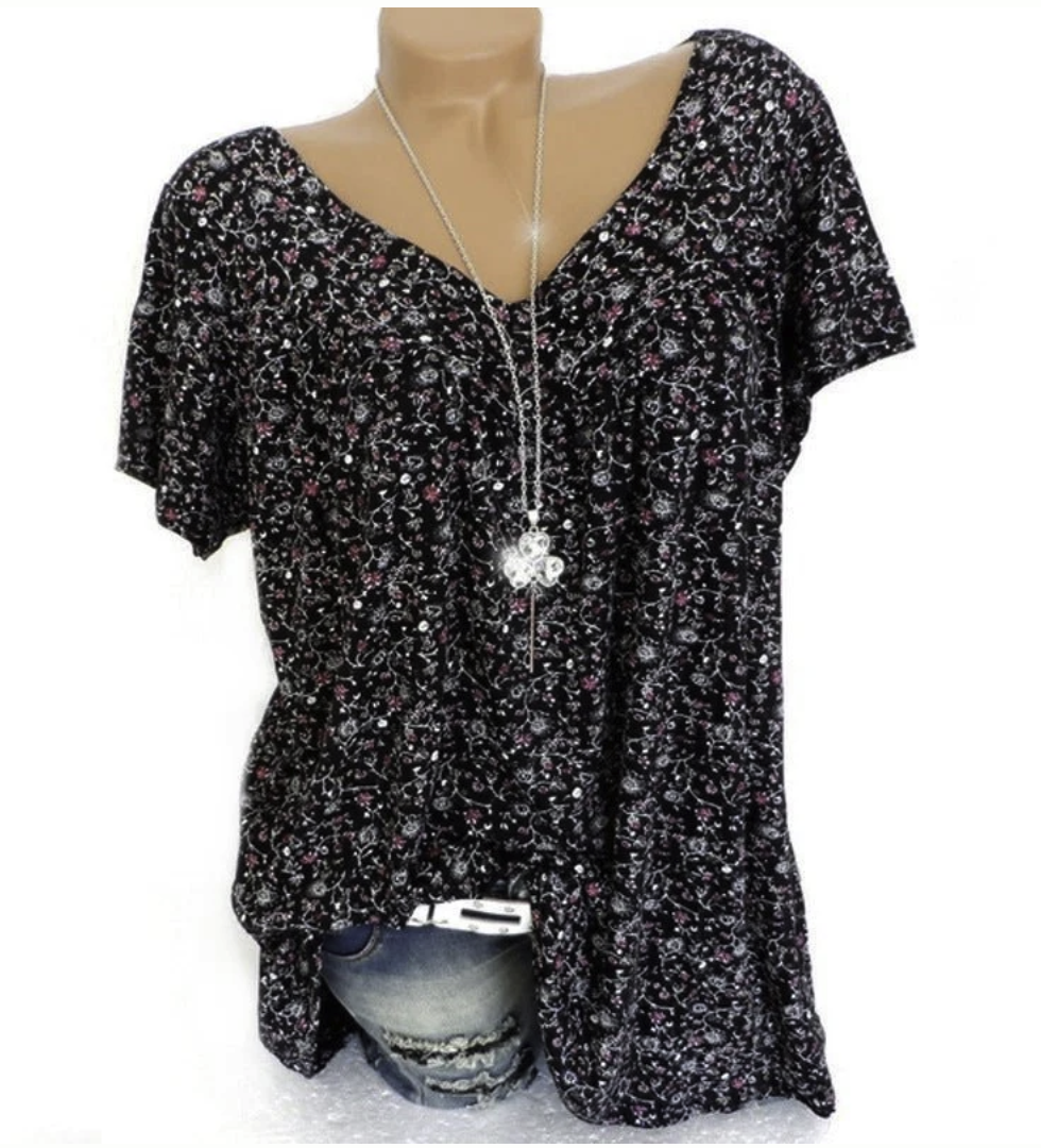 T-shirt estiva da donna a maniche corte con scollo a V e stampa, stile casual.