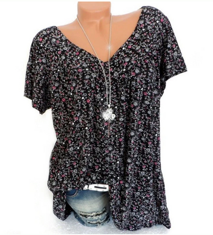 T-shirt estiva da donna a maniche corte con scollo a V e stampa, stile casual.