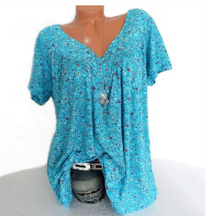T-shirt estiva da donna a maniche corte con scollo a V e stampa, stile casual.