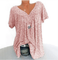 T-shirt estiva da donna a maniche corte con scollo a V e stampa, stile casual.