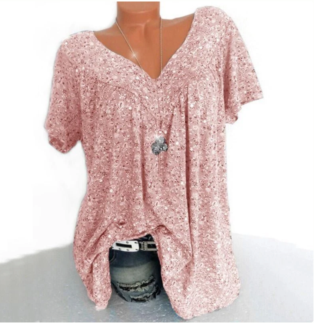 T-shirt estiva da donna a maniche corte con scollo a V e stampa, stile casual.