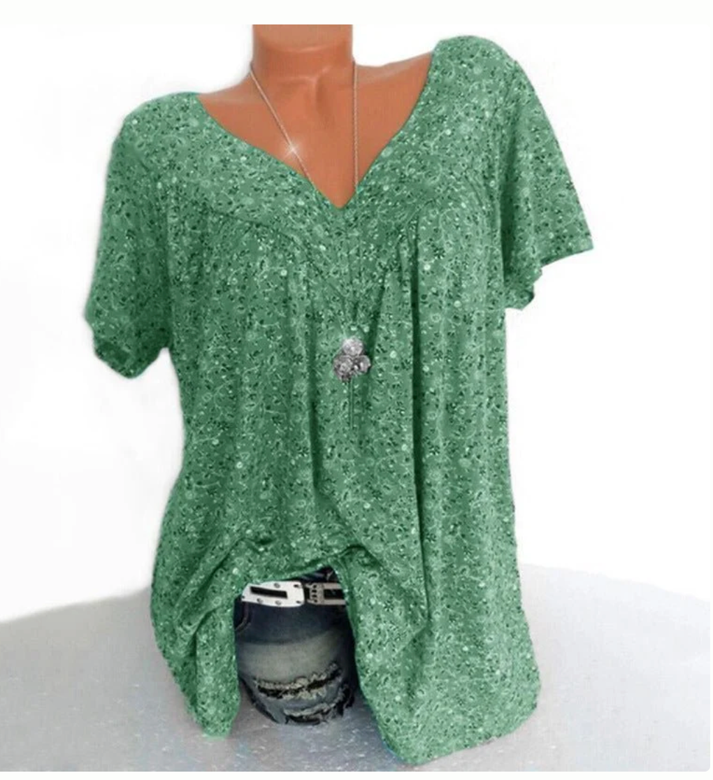 T-shirt estiva da donna a maniche corte con scollo a V e stampa, stile casual.
