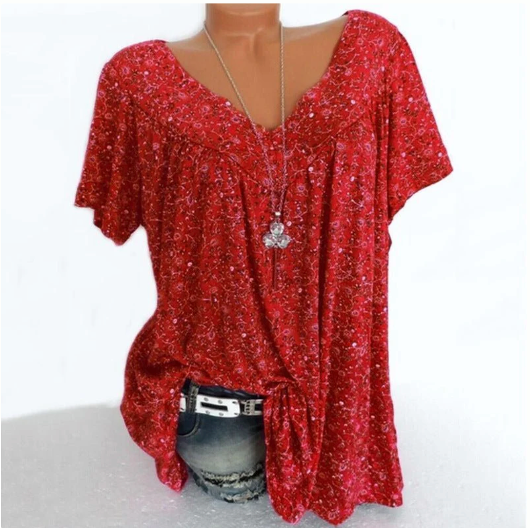 T-shirt estiva da donna a maniche corte con scollo a V e stampa, stile casual.