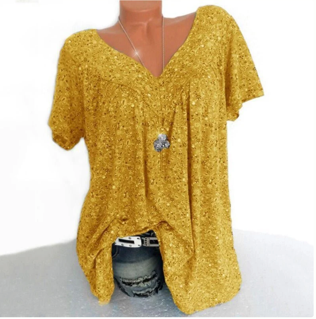 T-shirt estiva da donna a maniche corte con scollo a V e stampa, stile casual.