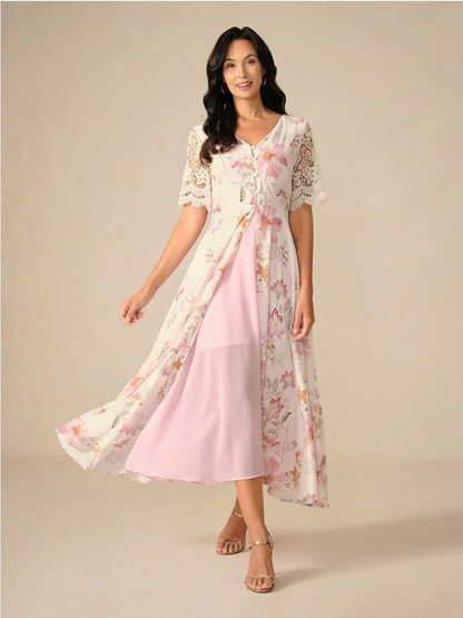 Abito a trapezio in chiffon floreale con maniche in pizzo.