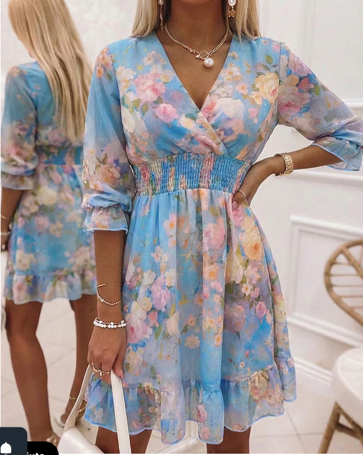 Abito da vacanza da donna con stampa leopardata e floreale, scollo a V sovrapposto, vita arricciata e volant, lunghezza midi, con fodera.