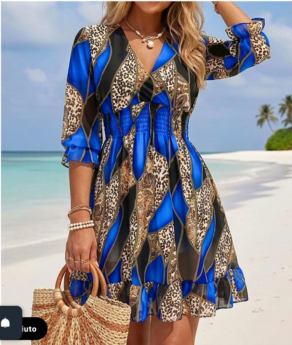 Abito da vacanza da donna con stampa leopardata e floreale, scollo a V sovrapposto, vita arricciata e volant, lunghezza midi, con fodera.