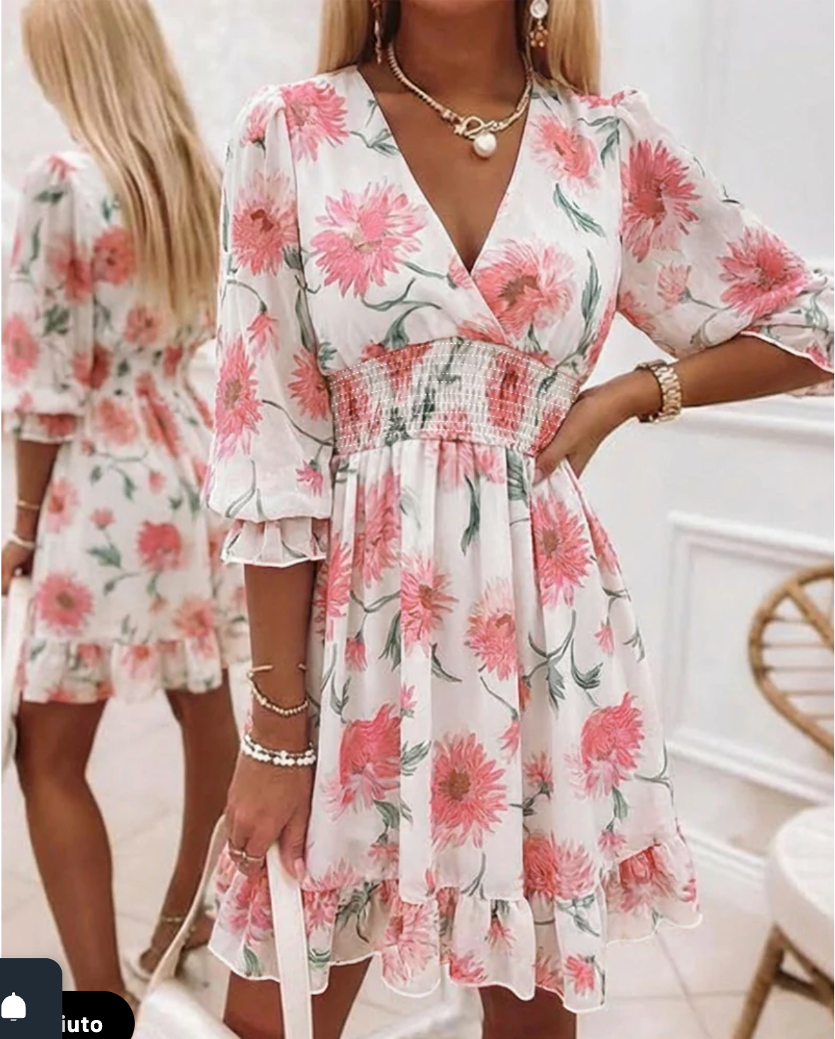 Abito da vacanza da donna con stampa leopardata e floreale, scollo a V sovrapposto, vita arricciata e volant, lunghezza midi, con fodera.