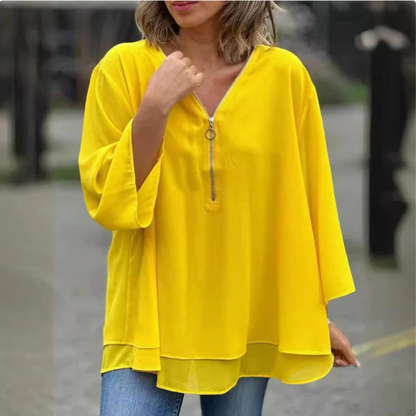 Top morbido a doppio strato con scollo a V e cerniera, maniche a 3/4 – Design elegante, vestibilità comoda e stile versatile 🌸
