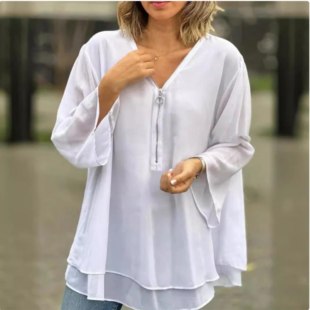 Top morbido a doppio strato con scollo a V e cerniera, maniche a 3/4 – Design elegante, vestibilità comoda e stile versatile 🌸