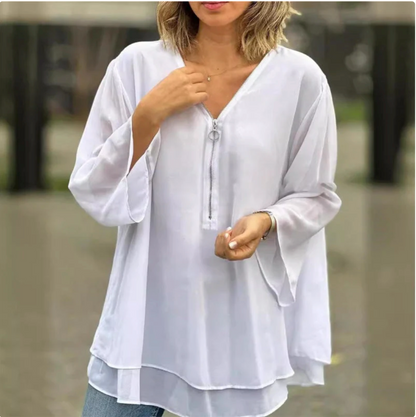 Top morbido a doppio strato con scollo a V e cerniera, maniche a 3/4 – Design elegante, vestibilità comoda e stile versatile 🌸