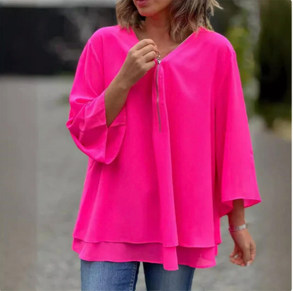 Top morbido a doppio strato con scollo a V e cerniera, maniche a 3/4 – Design elegante, vestibilità comoda e stile versatile 🌸