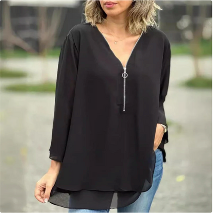 Top morbido a doppio strato con scollo a V e cerniera, maniche a 3/4 – Design elegante, vestibilità comoda e stile versatile 🌸