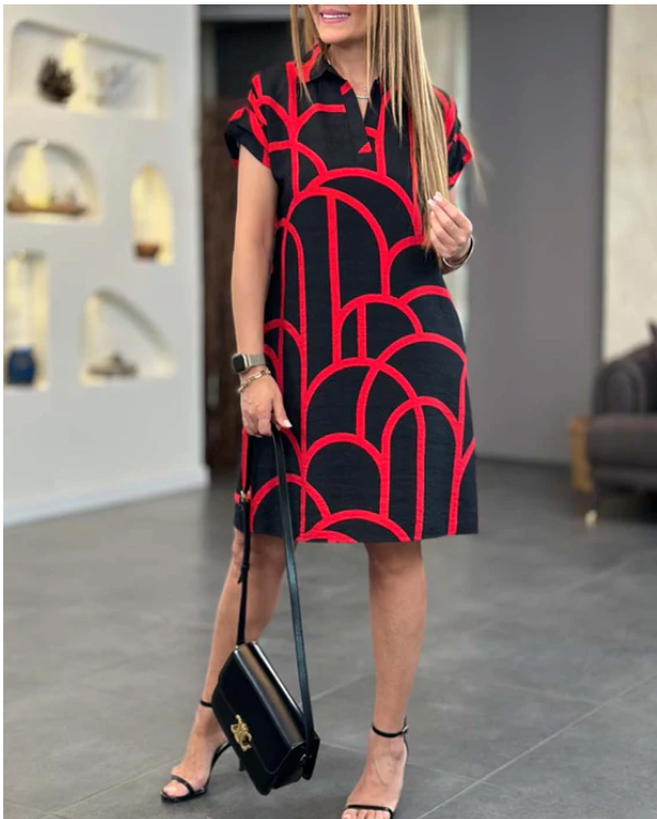 Abito midi con linea a revers e maniche corte con stampa