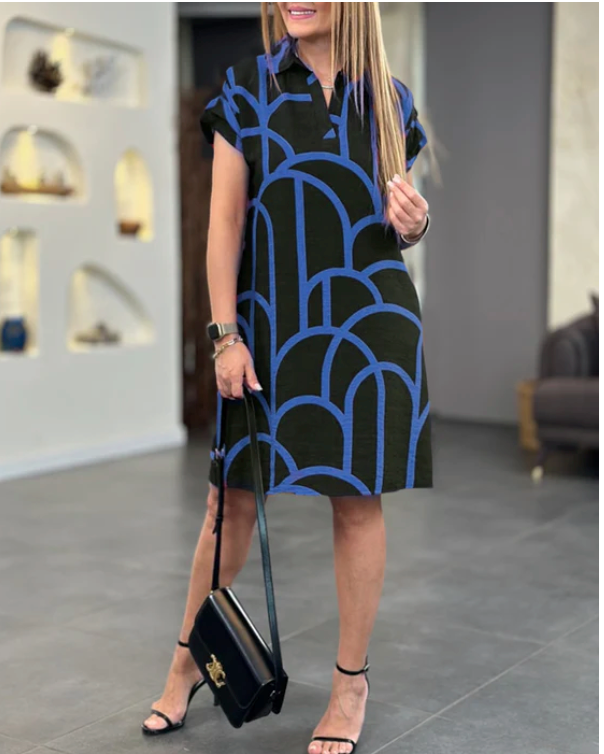 Abito midi con linea a revers e maniche corte con stampa