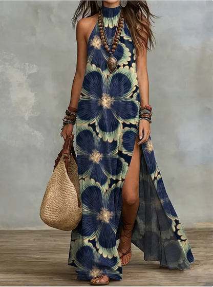 Abito da donna in cotone casual ed elegante con stampa floreale retrò.