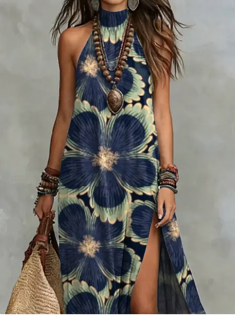 Abito da donna in cotone casual ed elegante con stampa floreale retrò.