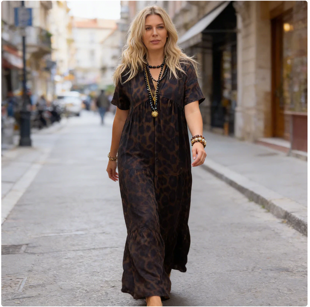 📿 Abito lungo da donna con scollo a V e stampa leopardata