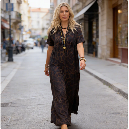 📿 Abito lungo da donna con scollo a V e stampa leopardata
