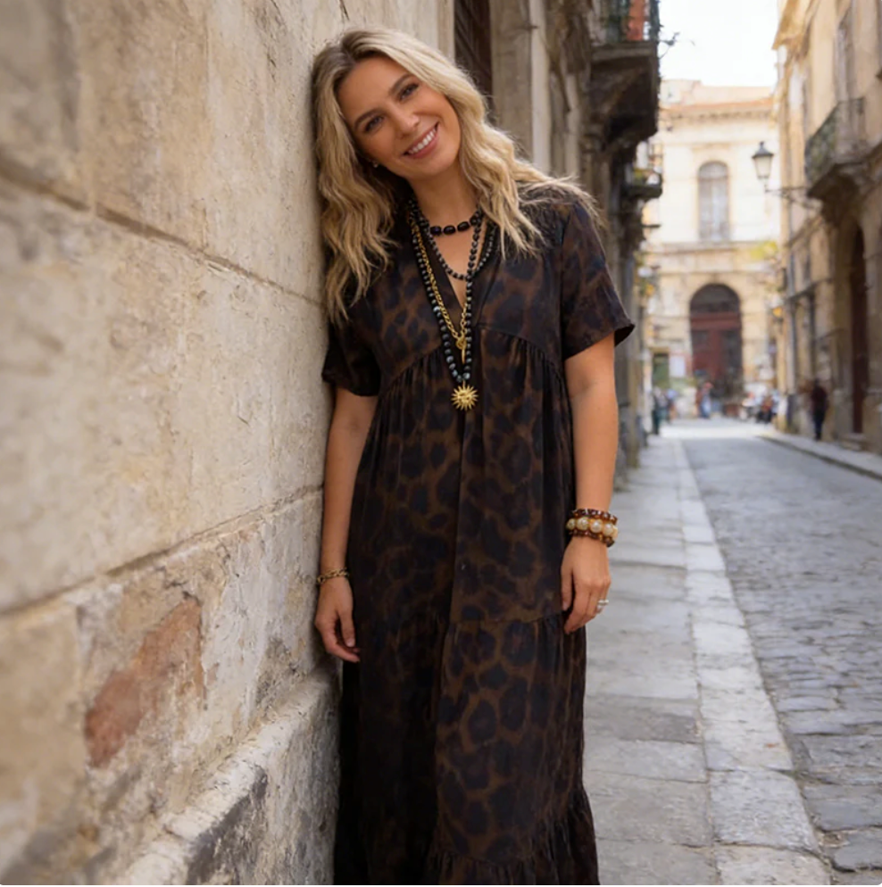 📿 Abito lungo da donna con scollo a V e stampa leopardata