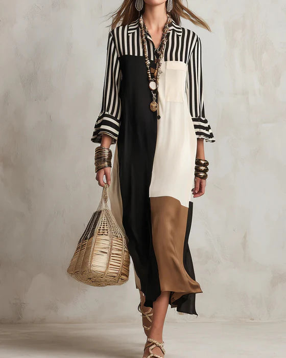 Abito a blocchi di colore con righe a contrasto in stile camicia
