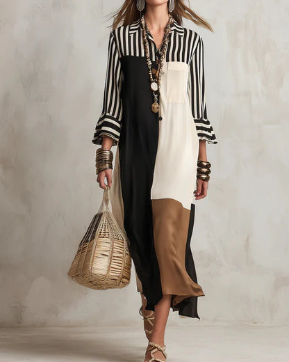 Abito a blocchi di colore con righe a contrasto in stile camicia