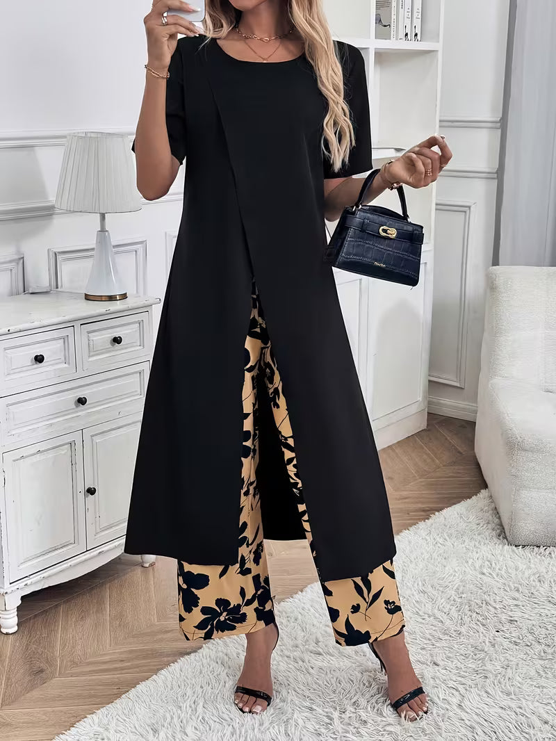 Coordinato Amelie Nero elegante con pantalone fiorato in cotone elastico 🥰