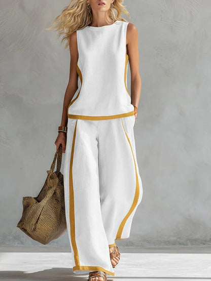 Set 100% lino con top casual ampio senza maniche a girocollo e pantaloni ampi a gamba larga a vita alta.