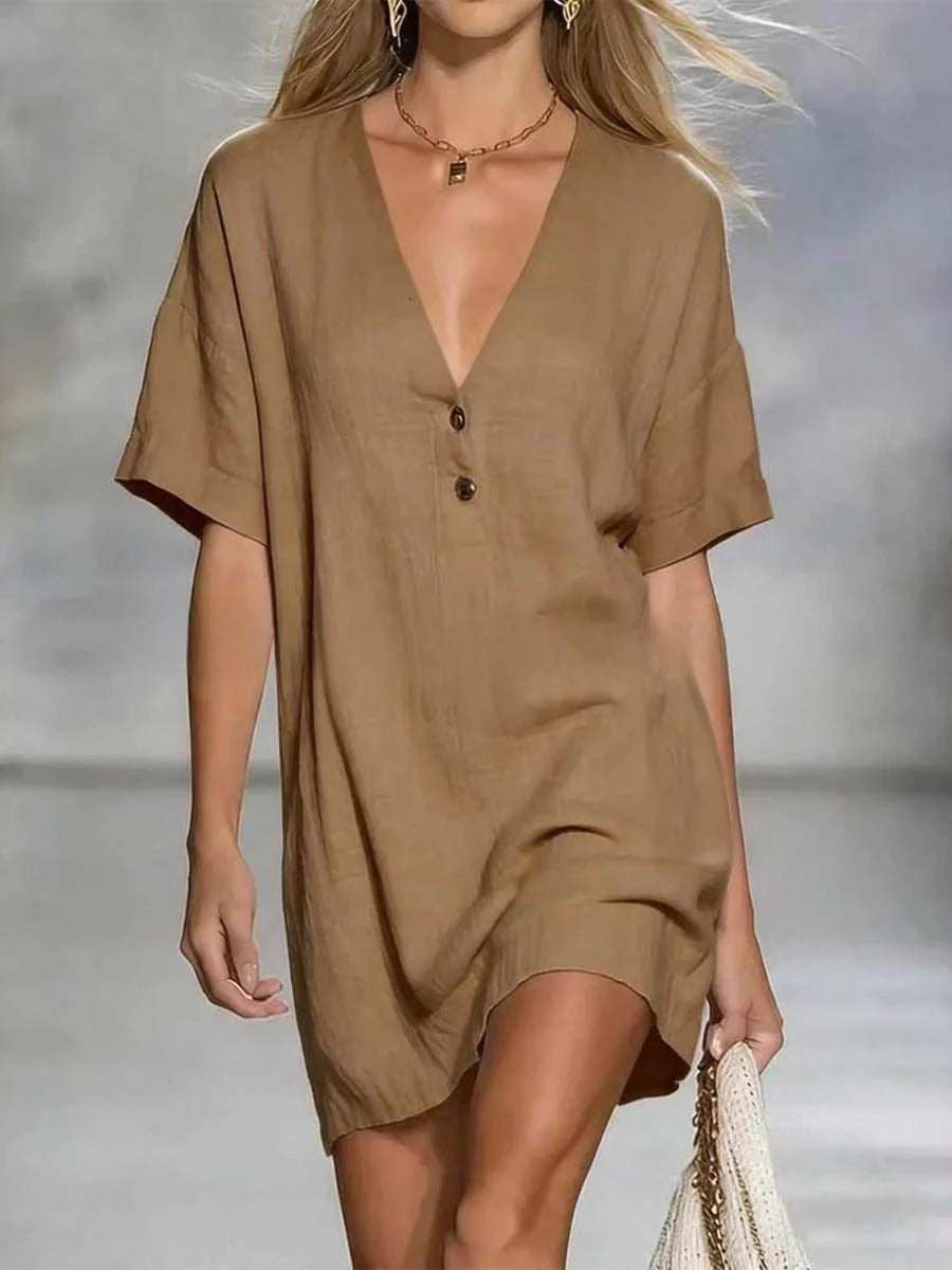 Abito corto da donna a tinta unita con scollo a V, casual ed elegante