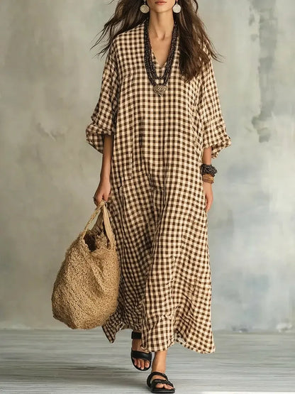 Abito Jessica - lungo casual ed elegante in cotone e lino con motivo a quadri retrò